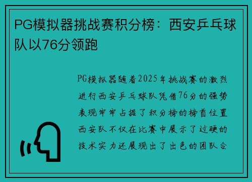 PG模拟器挑战赛积分榜：西安乒乓球队以76分领跑
