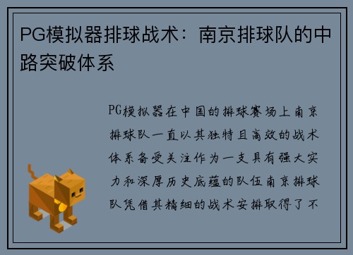 PG模拟器排球战术：南京排球队的中路突破体系